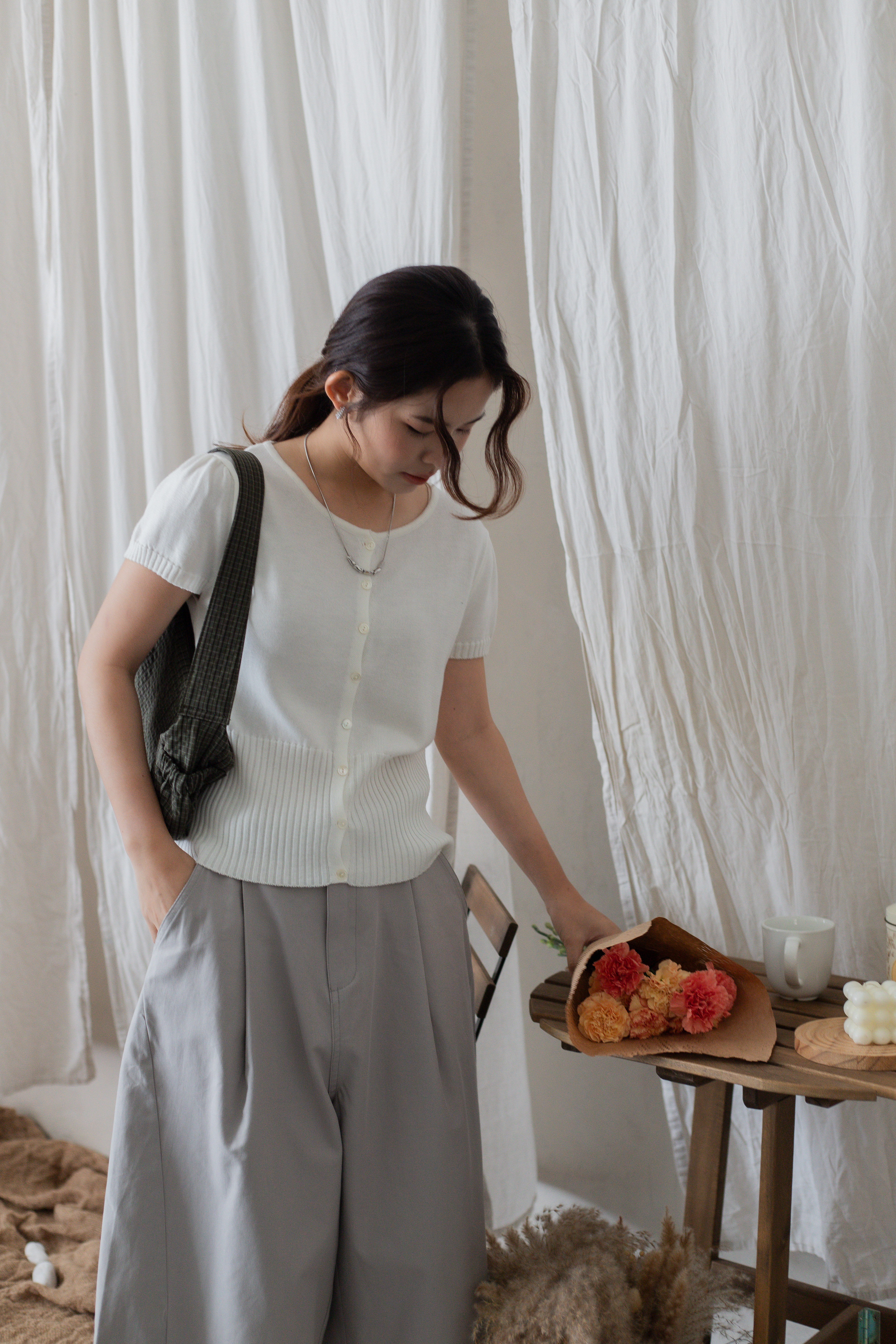 Kenny Button Down Knit Top White-2714KWHI