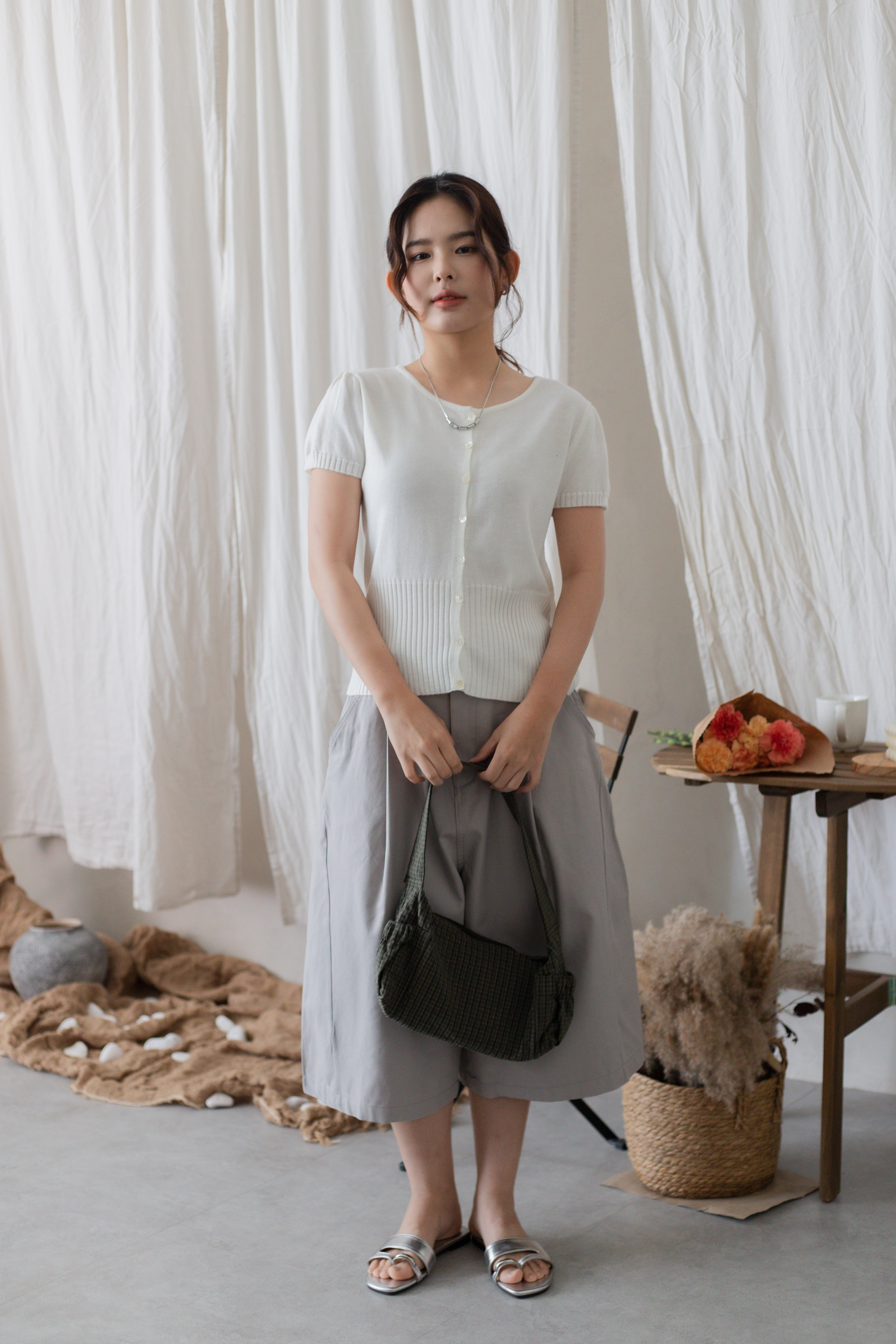 Kenny Button Down Knit Top White-2714KWHI