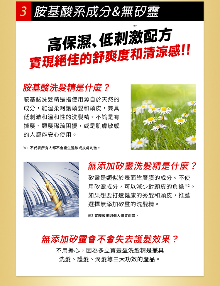 介紹胺基酸系成分與無矽靈配方，強調低刺激與高保濕。