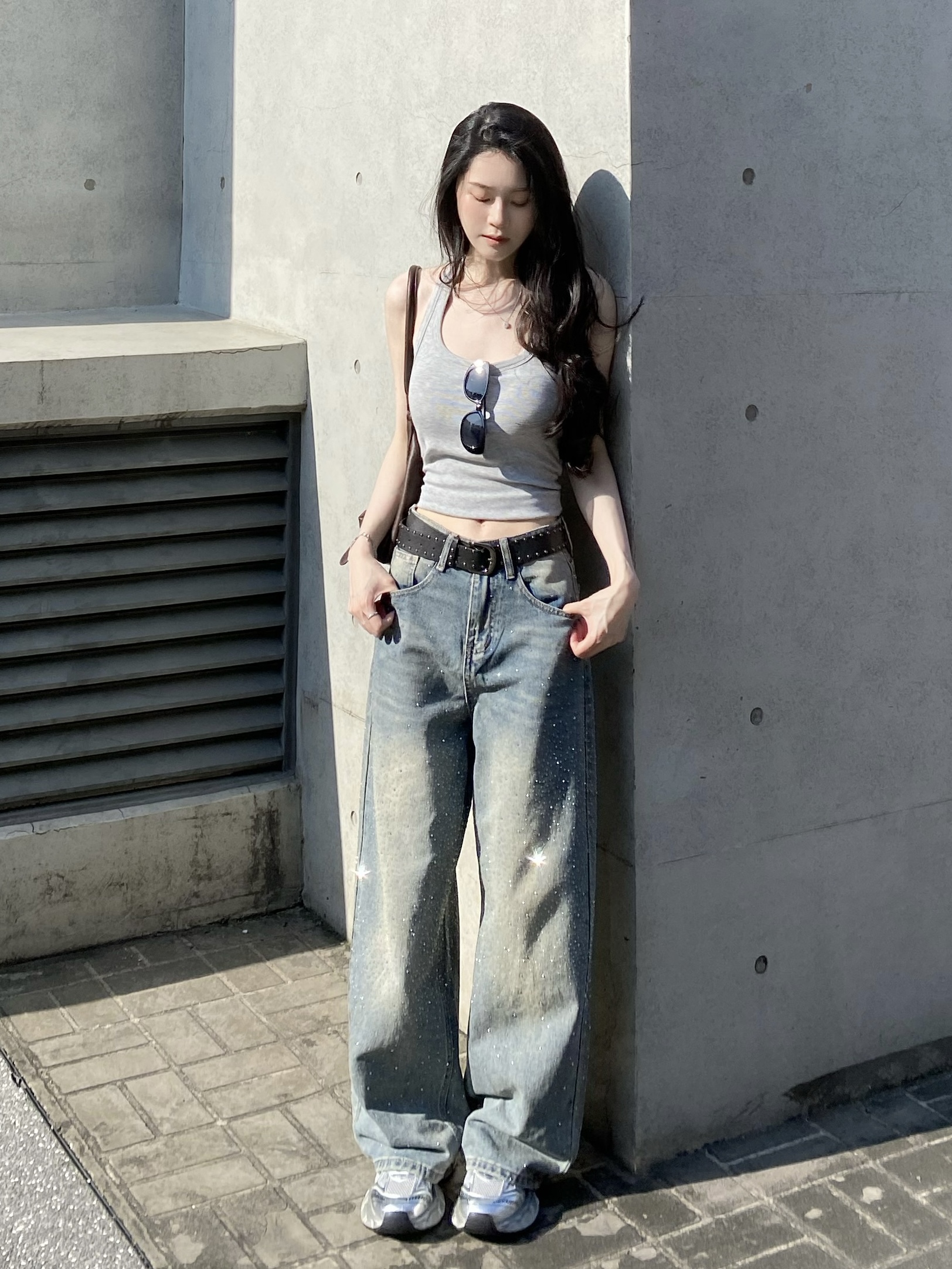 復古滿鑽牛仔直筒寬褲