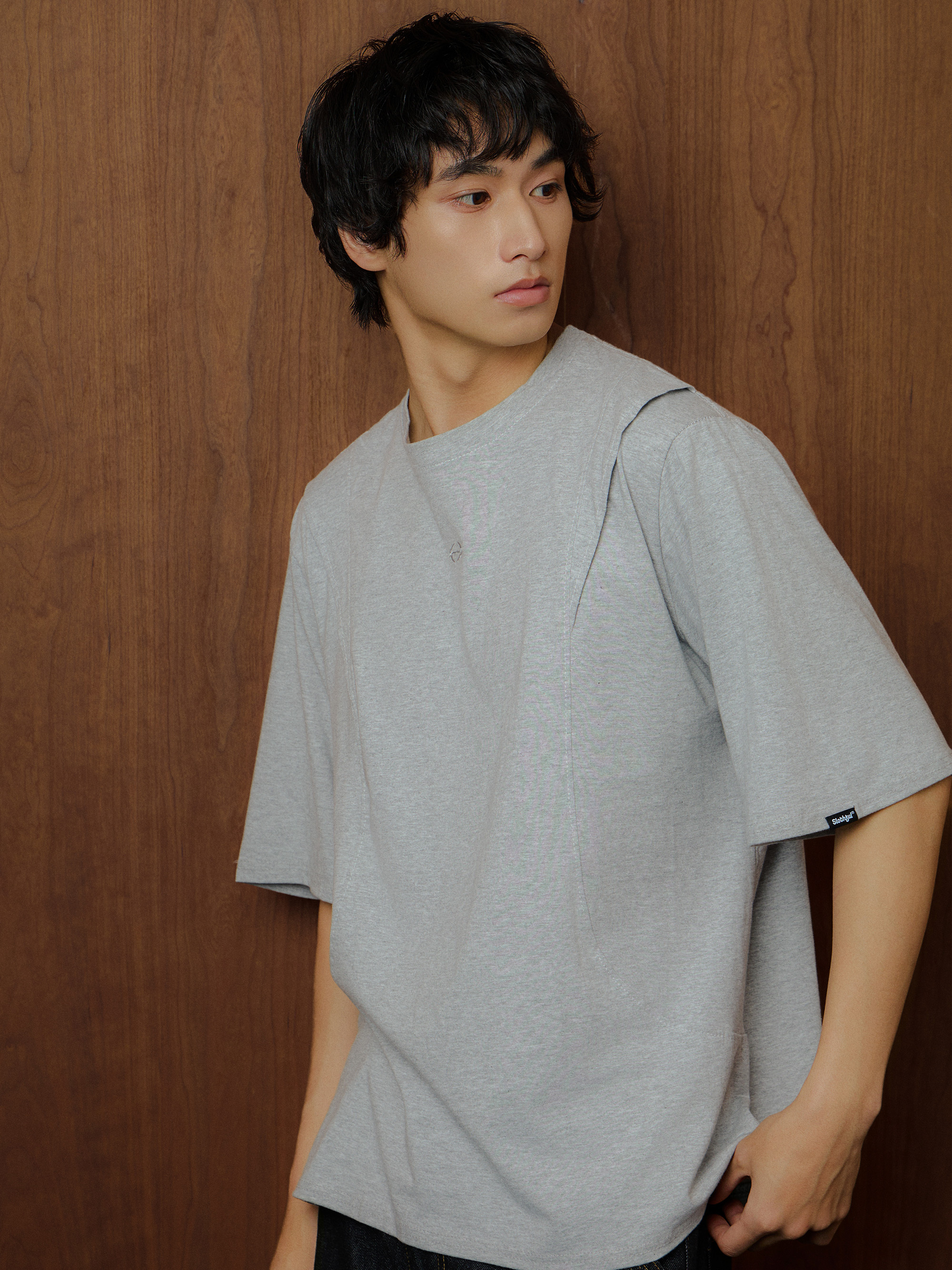 圓領剪接線短袖上衣