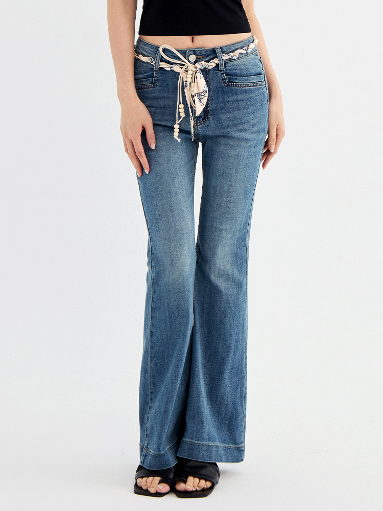 絲巾腰帶九分極彈微喇牛仔褲