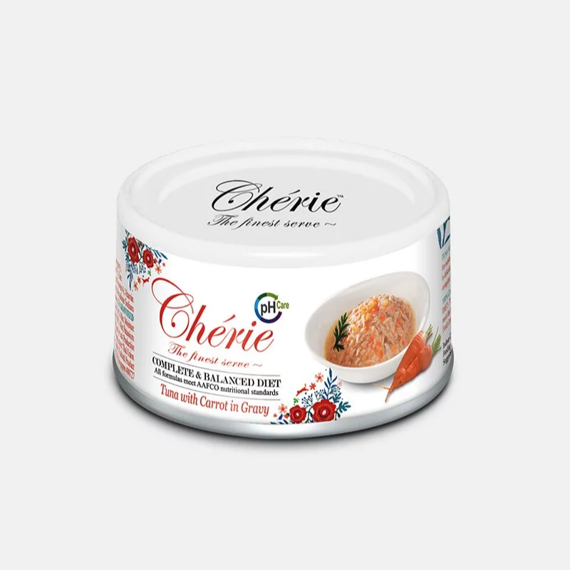 [斷貨中] Cherie 法麗 - 全營養主食肉絲罐系列 - (泌尿道保健)吞拿魚蘿蔔 (白底橙字) 80g