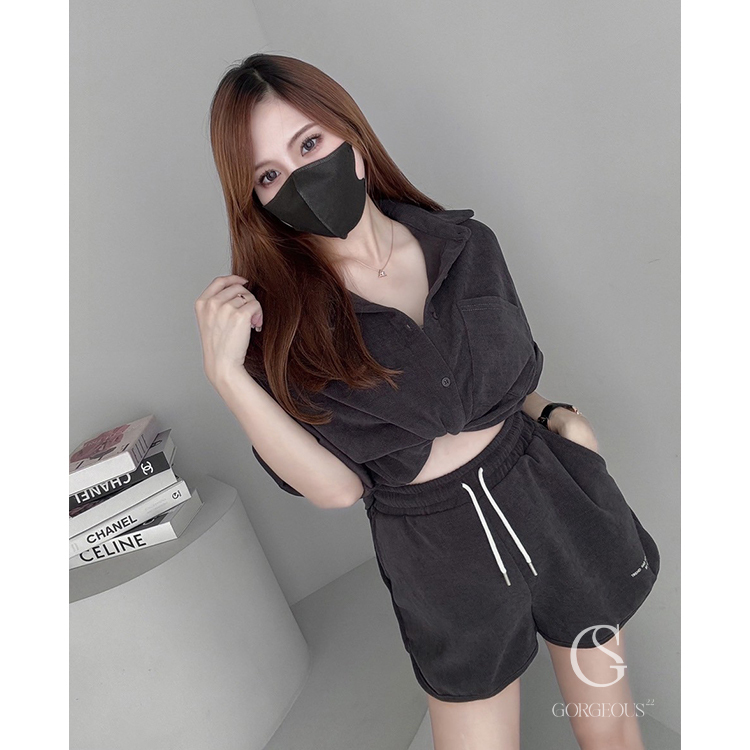 G6419 現貨「夏雪尼爾襯衫+短褲SET」