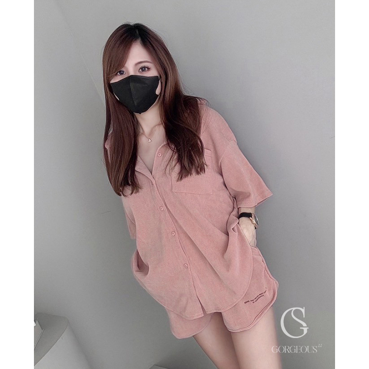 G6419 現貨「夏雪尼爾襯衫+短褲SET」