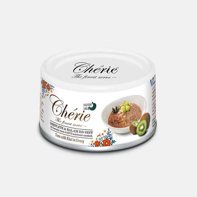 [斷貨中] Cherie 法麗 - 全營養主食肉絲罐系列 - (腸胃保健)吞拿魚奇異果 (白底啡字) 80g