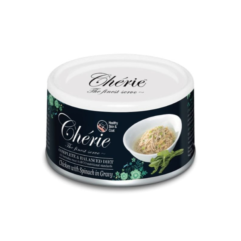 Cherie 法麗 - 全營養主食肉絲罐系列 - (皮毛保健) 雞肉菠菜 (黑底白字) 80g