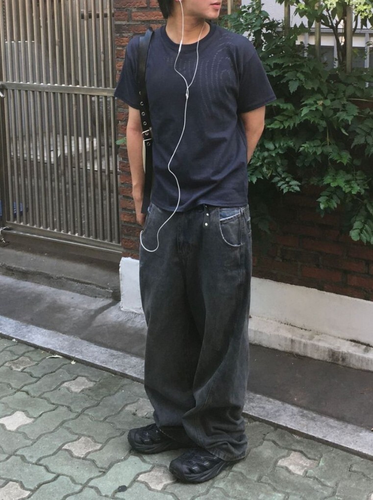 韓國 油汙 雙層 口袋 霧面 直筒 牛仔褲