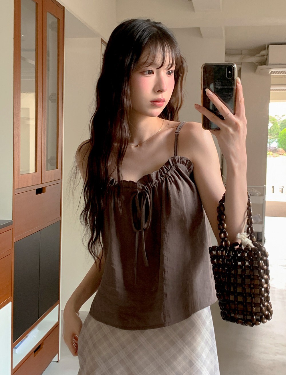 韓國grace muse授權 浪漫氛圍木耳邊抽皺綁帶細肩背心