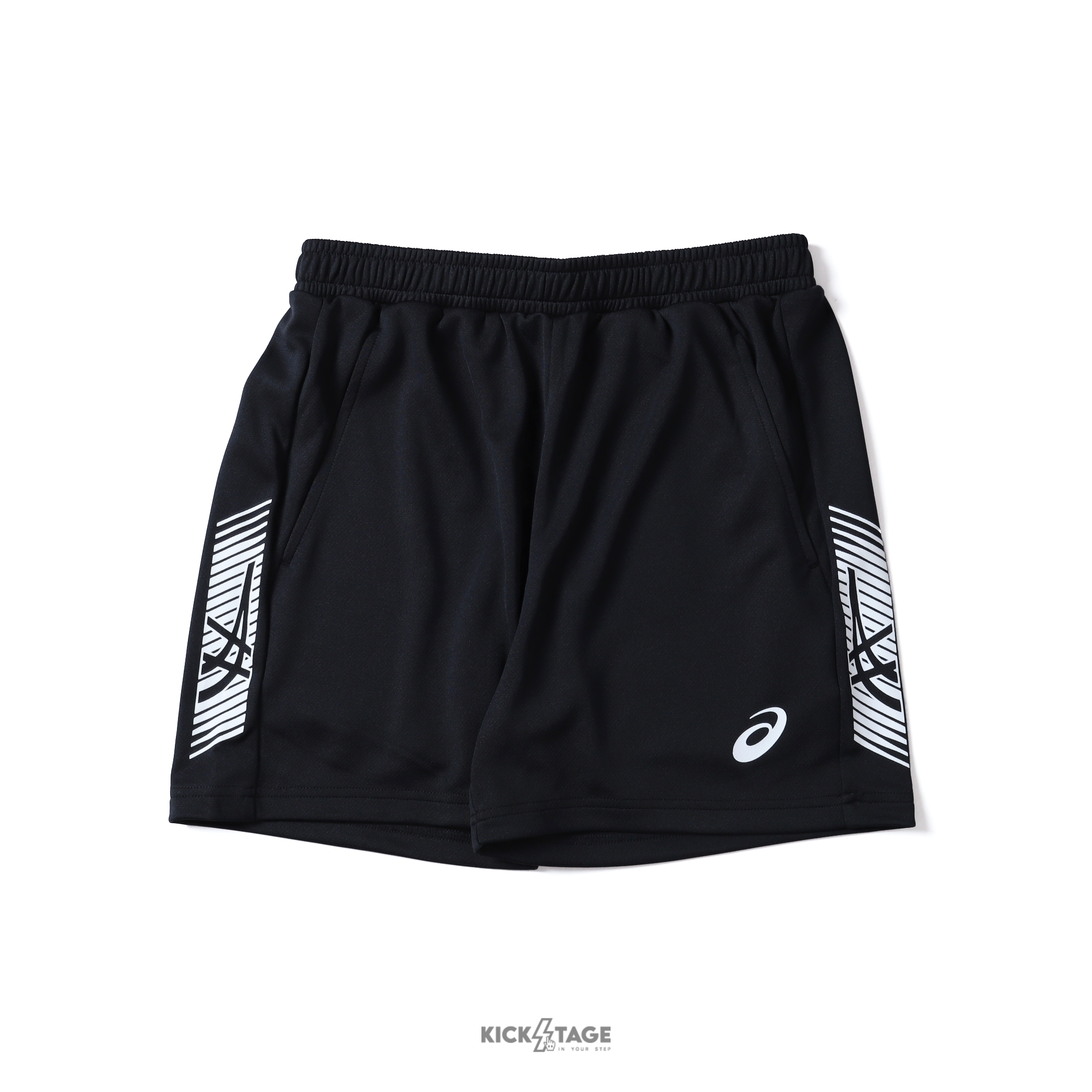 男款 ASICS 亞瑟士 短版球褲 黑白 快乾 吸濕 排汗 運動 虎爪紋 五分褲 排球短褲【K32045-001】
