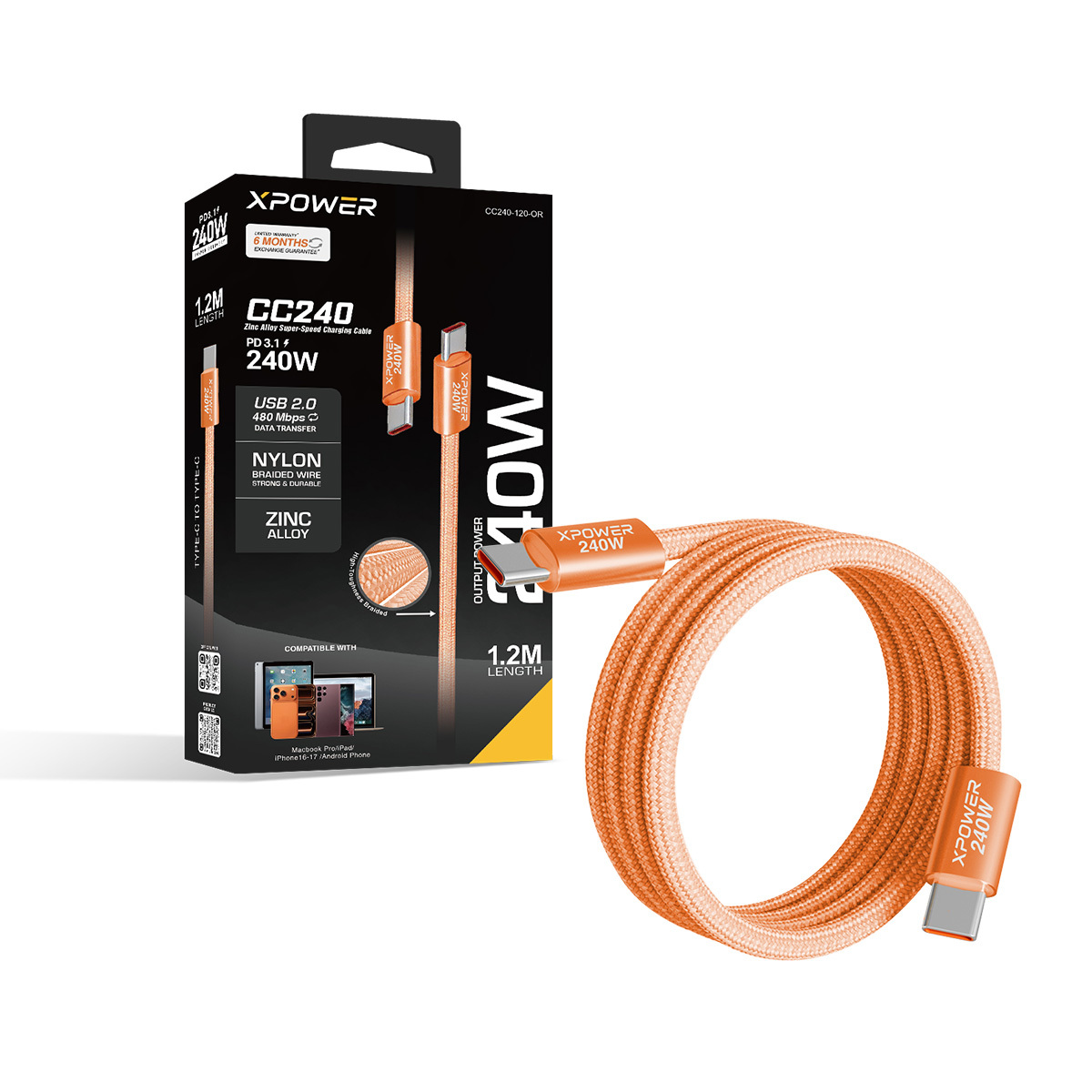 XPower CC240 240W 1.2米 鋅合金超速傳輸充電線(橙色)