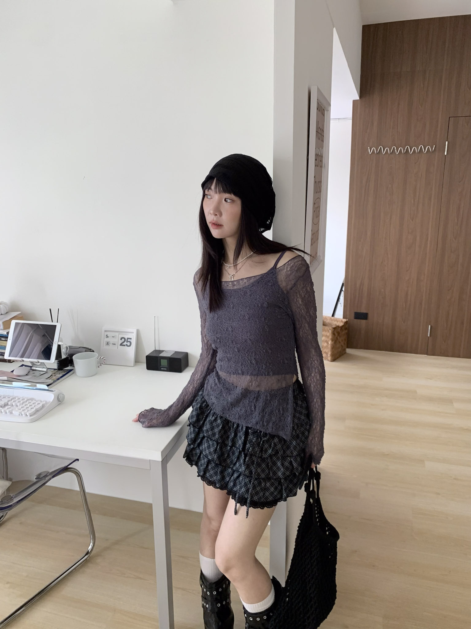 ISA_剛剛好的甜! 格紋蕾絲花邊擺蛋糕褲裙_63111