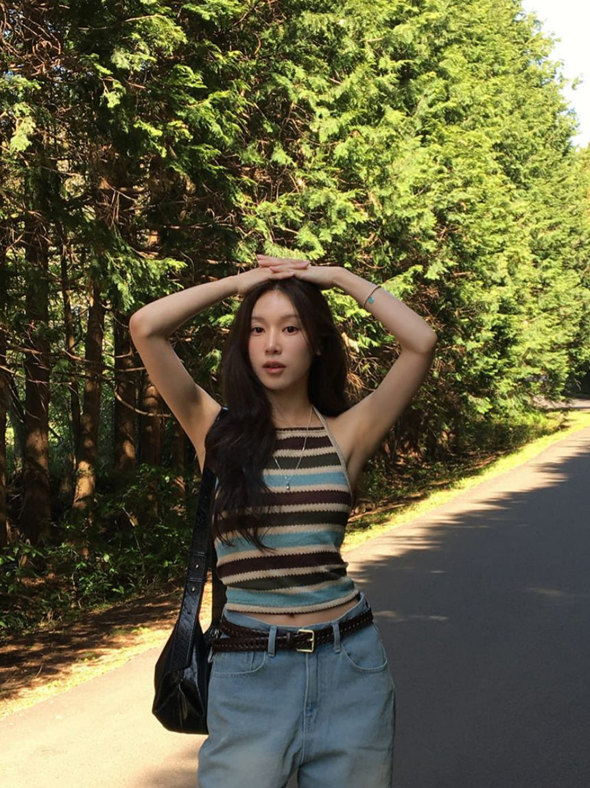 拼色編織掛頸上衣(藍色)