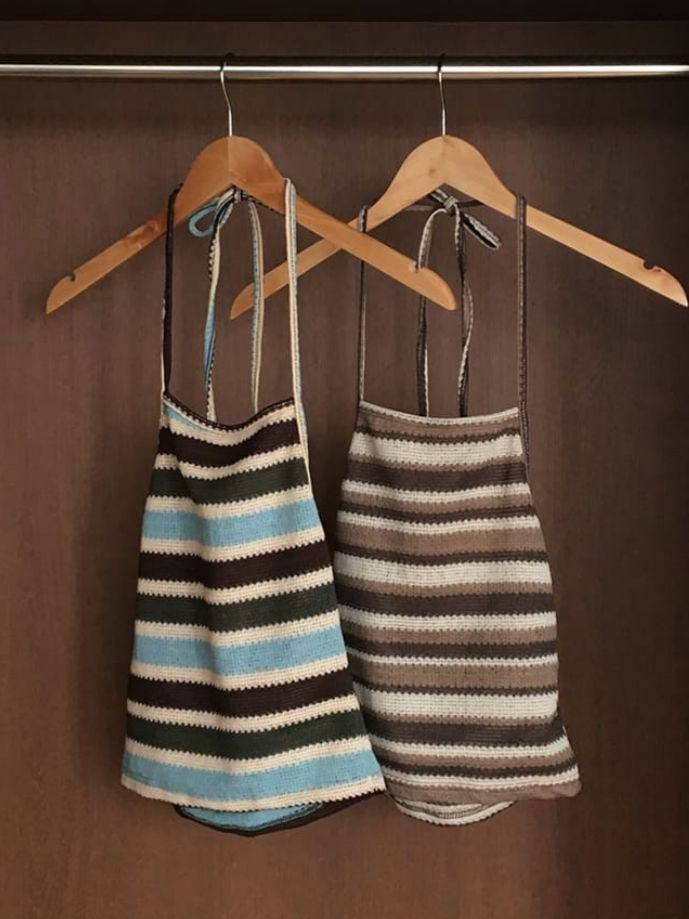 拼色編織掛頸上衣(啡色)