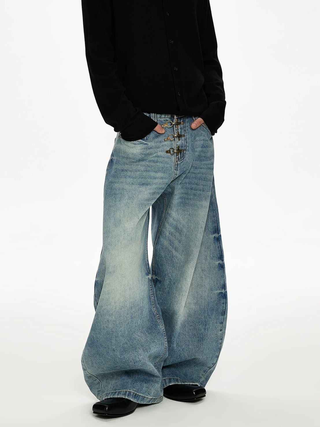 韓國 高街 飛機釦 baggy 彎刀 牛仔褲