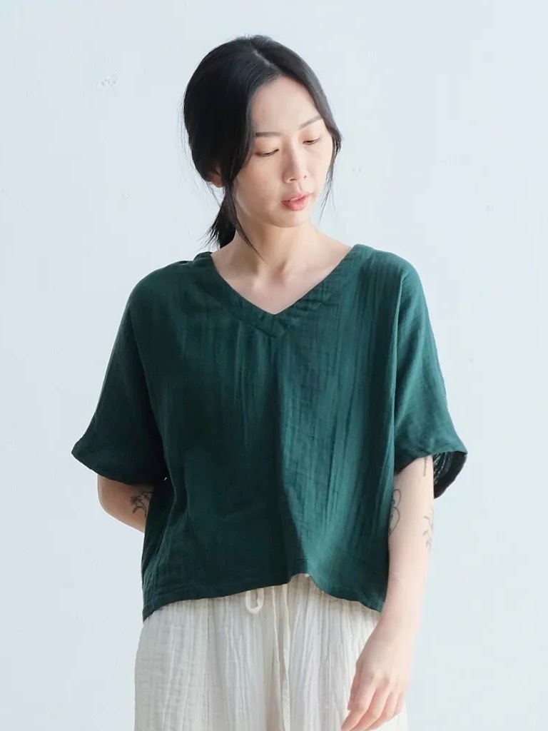 寬領五分袖上衣／雙層紗 森綠