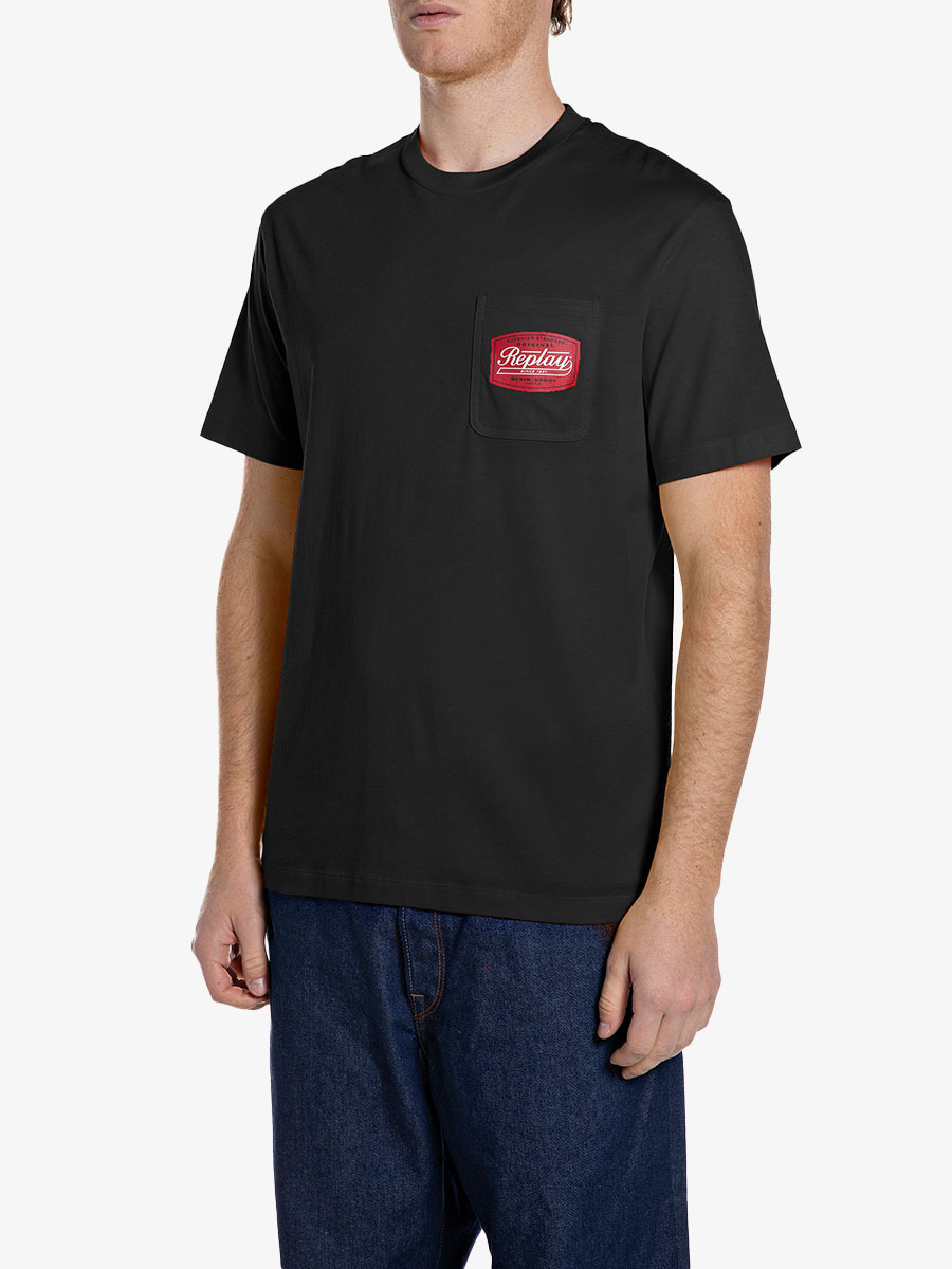 黑色復古印花口袋T-shirt