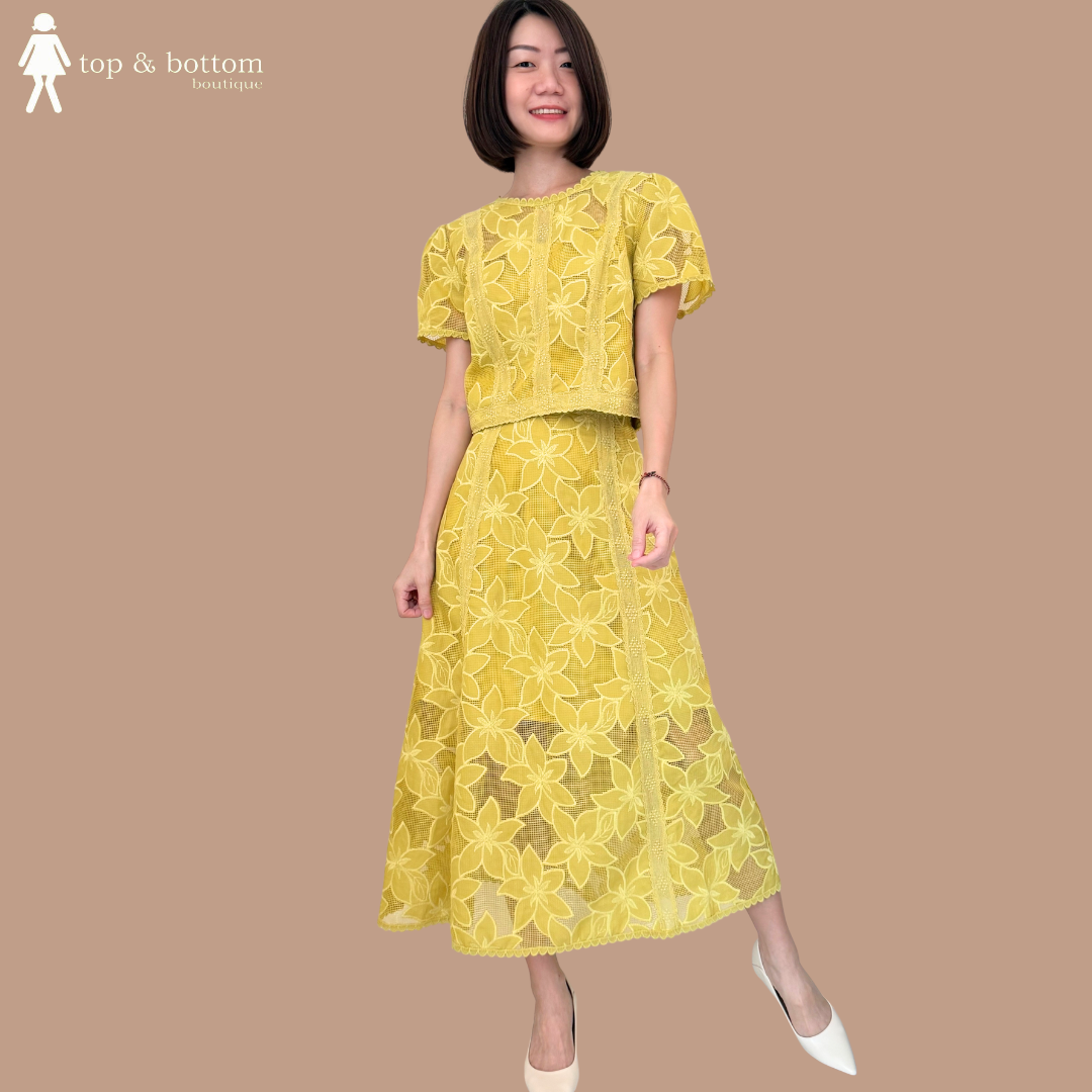 SHORT SLEEVE EMBROIDERED BLOUSE & ALINE SKIRT SET SUIT