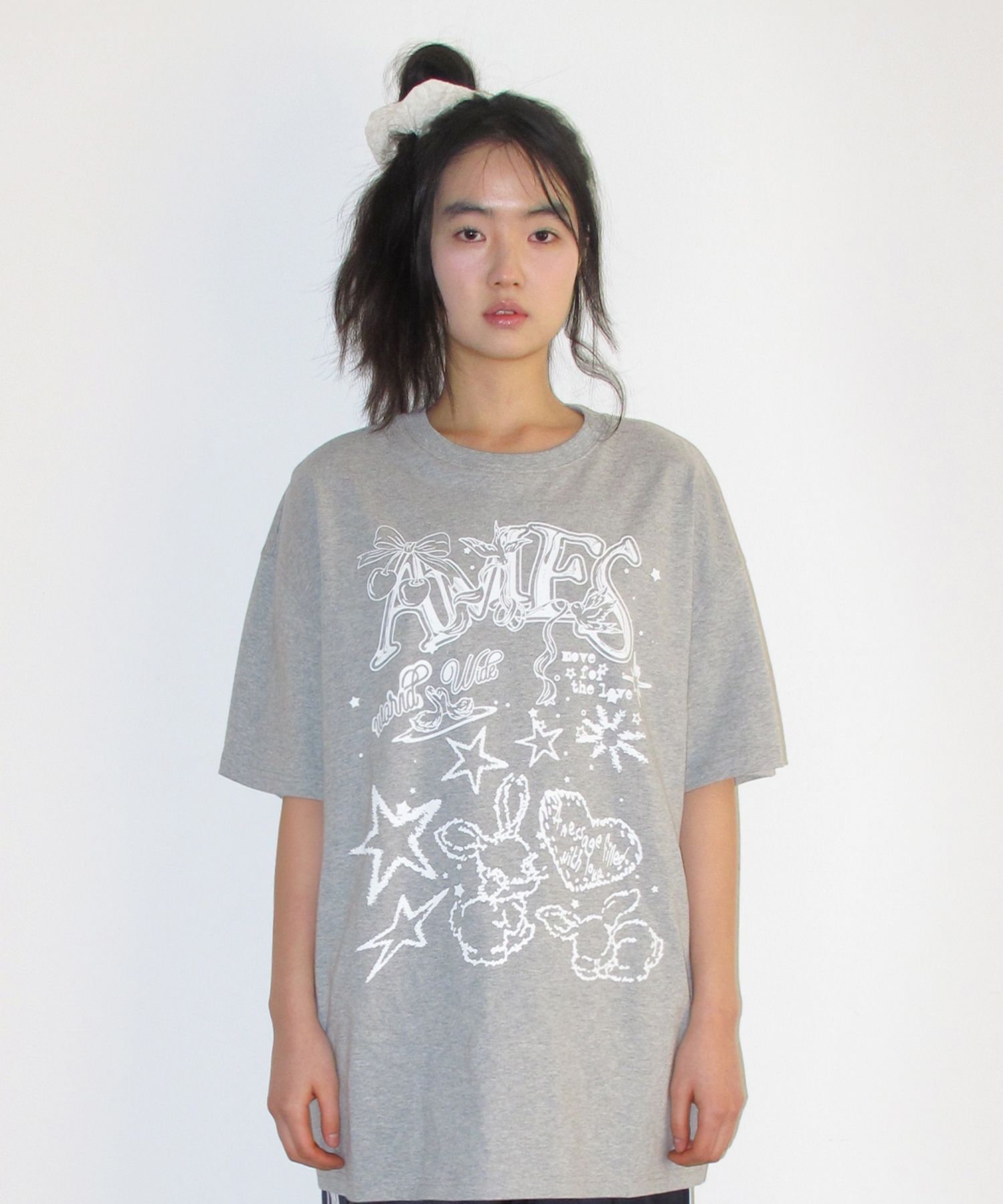 AMES-WORLDWIDE 兔子插畫短袖T恤 灰色 AM2GMUT505AGR