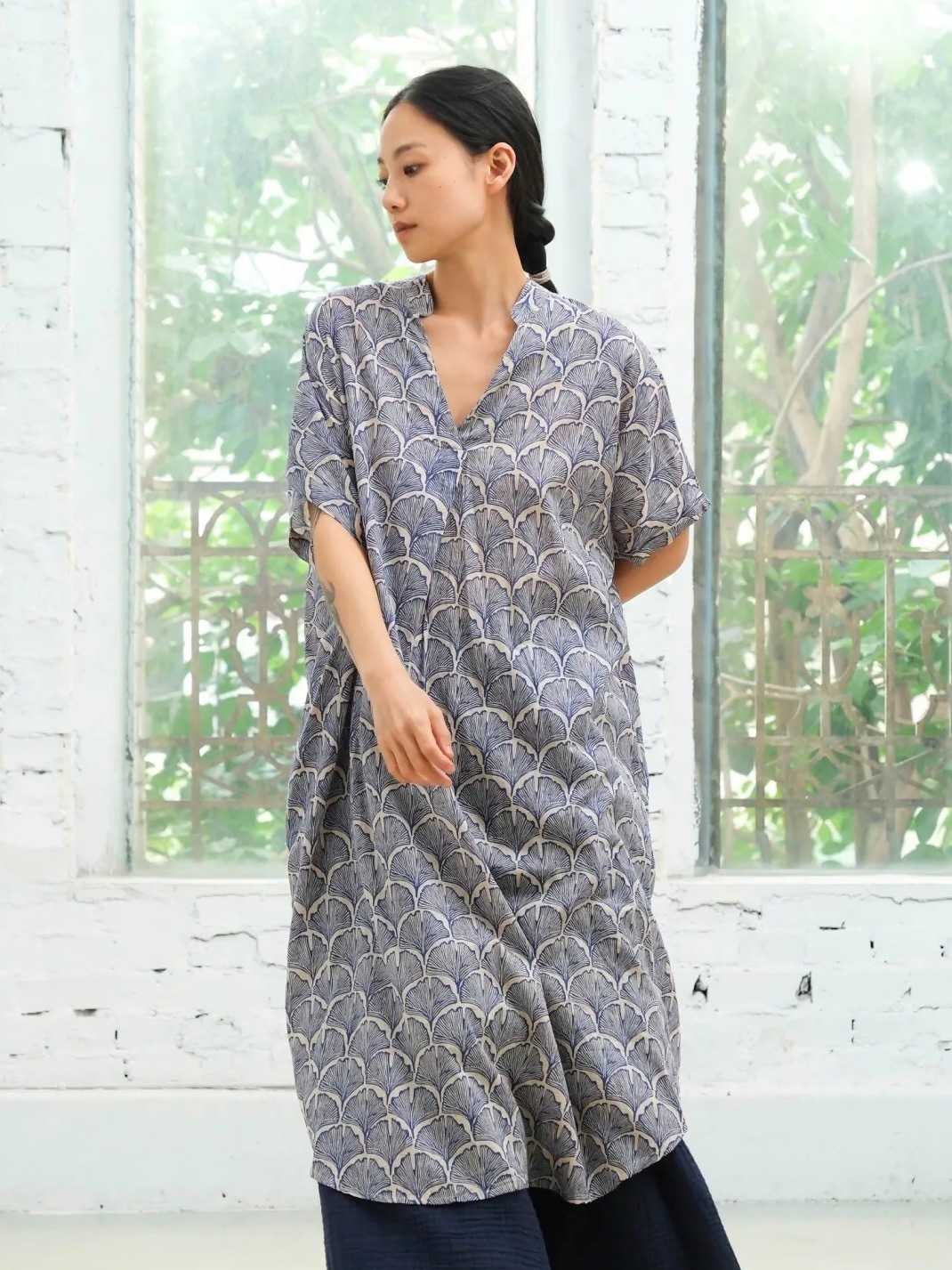 印度蓋染鑰匙領洋裝 / 巴里紗 藍杏