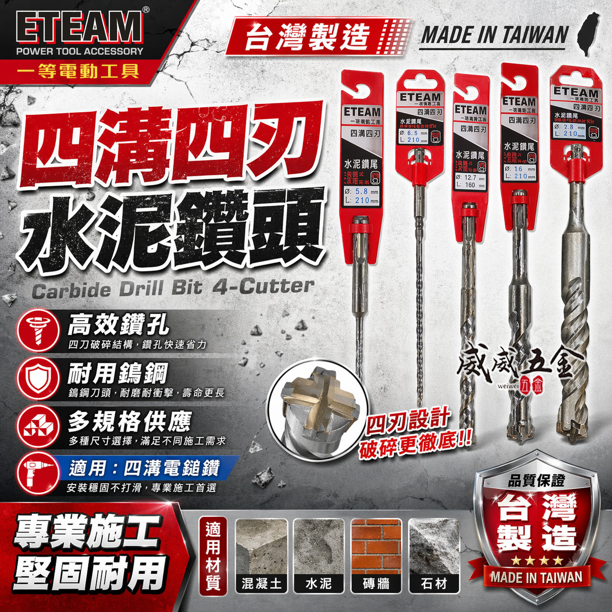 ETEAM 一等 台灣製｜38mm 長210-460mm｜四溝四刃水泥鑽頭 四溝4刃水泥鑽尾 免出力四溝鑽頭