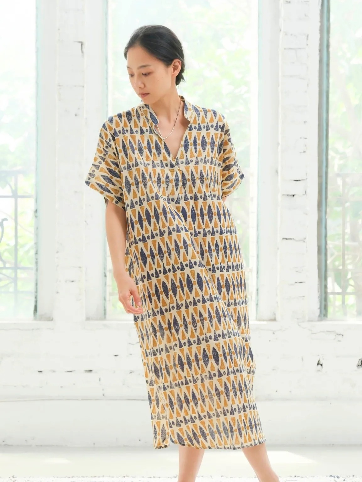 印度蓋染鑰匙領洋裝 / 巴里紗 黃藍莓