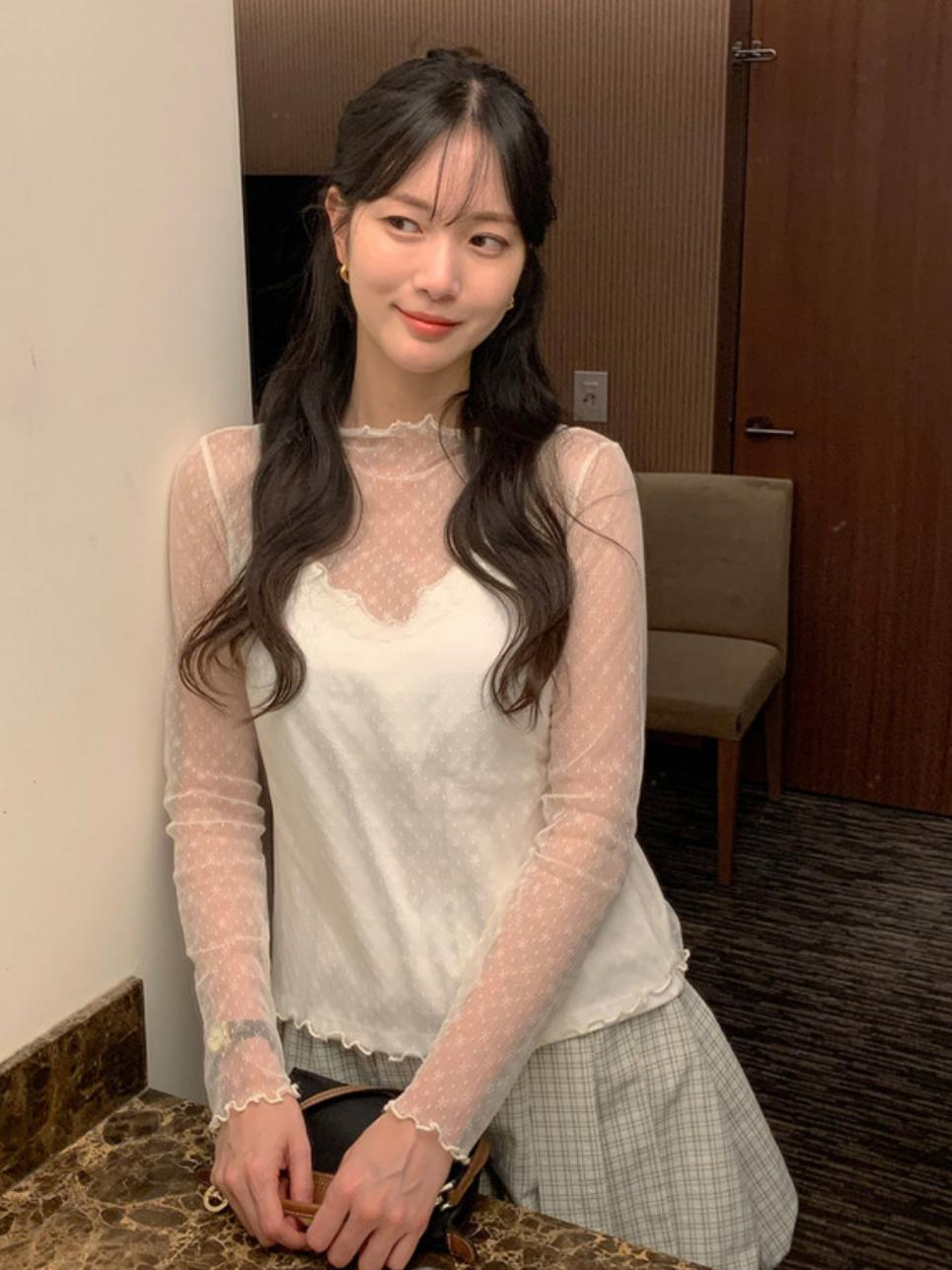 木耳邊透視長袖上衣