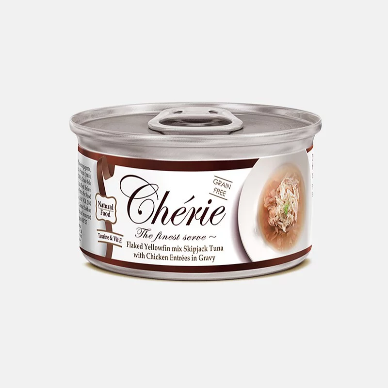 [斷貨中] Cherie 法麗 - 微湯汁肉絲罐系列 - 天然黃鰭吞拿魚佐正鰹、嫩雞 (深啡) 80g