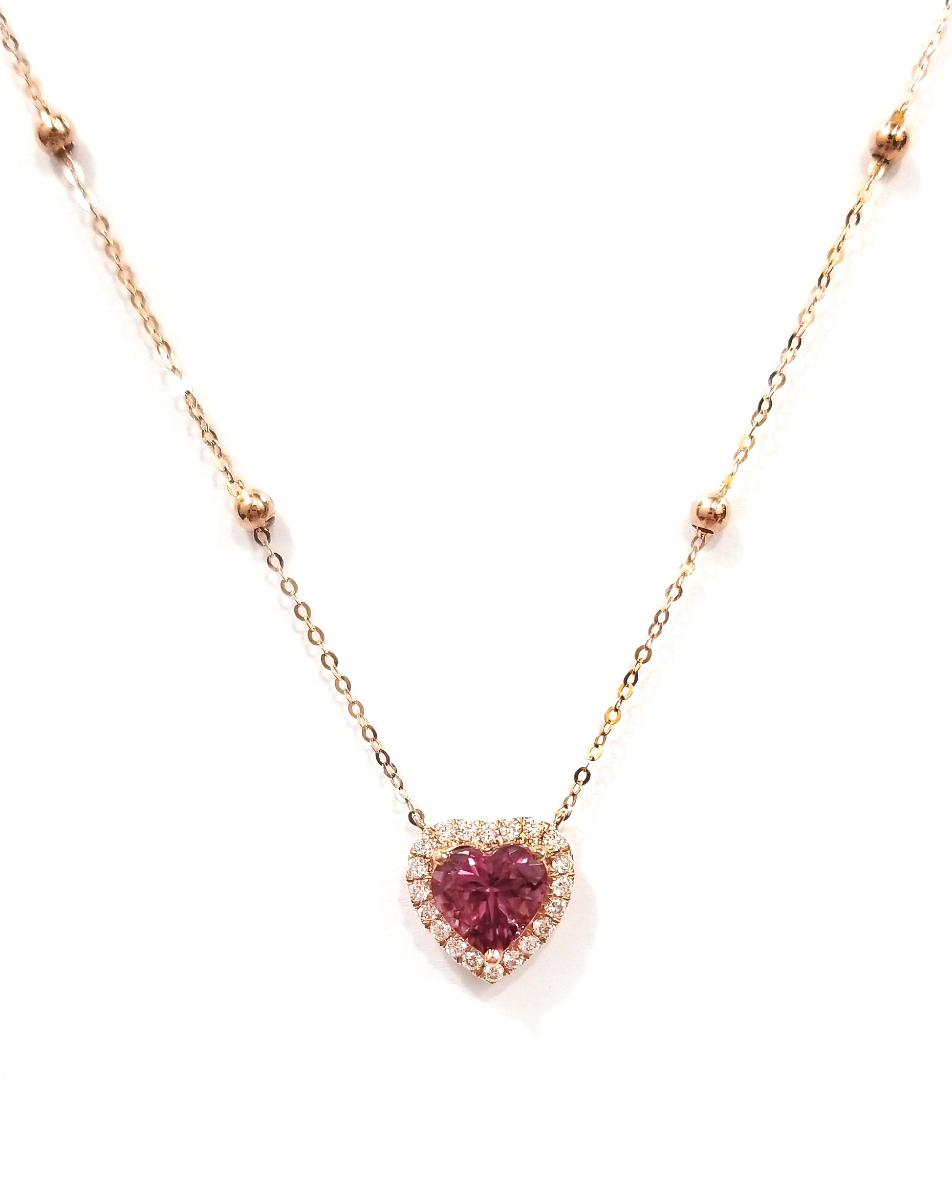 18K 玫瑰金天然鑽石心形粉紅碧璽頸鏈