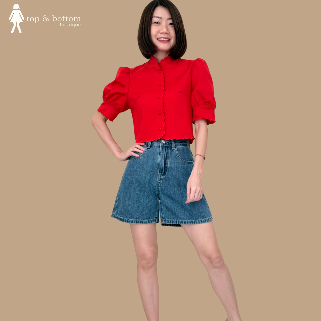 PUFFY SLEEVE BUTTON CROP BLOUSE