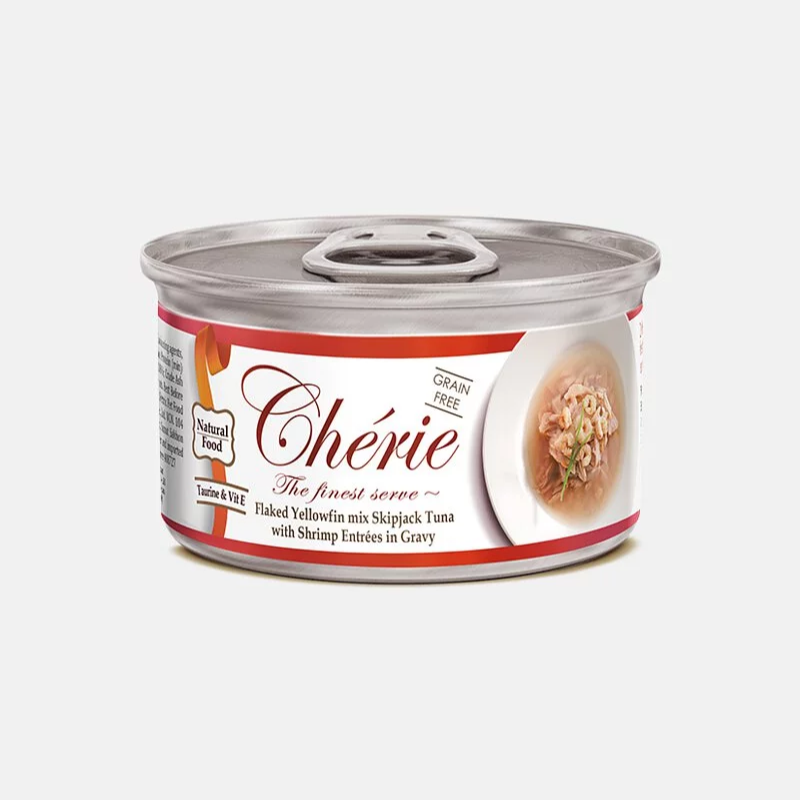 Cherie 法麗 - 微湯汁肉絲罐系列 - 天然黃鰭吞拿魚佐正鰹、鮮蝦 (鮮紅) 80g