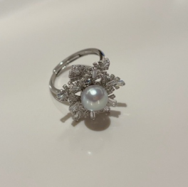 A22 - AKOYA雪花旋轉純銀戒指（配盒）* AKOYA7.5-8mm銀灰