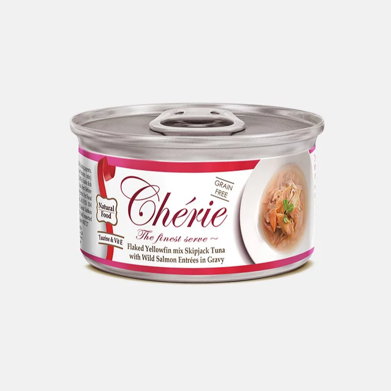 [斷貨中] Cherie 法麗 - 微湯汁肉絲罐系列 - 天然黃鰭吞拿魚佐正鰹、三文魚 (粉紅) 80g