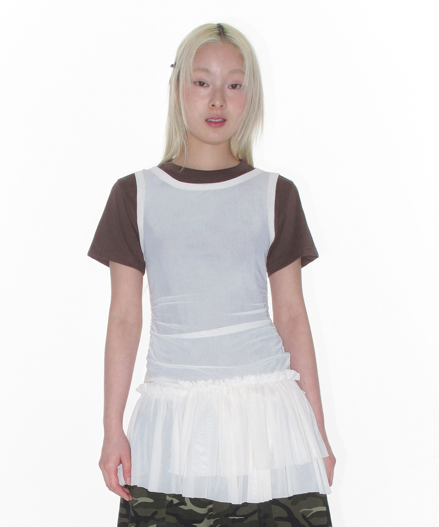 AMES-WORLDWIDE 網紗抽褶迷你洋裝 象牙白 AM2GSFPA94AIV