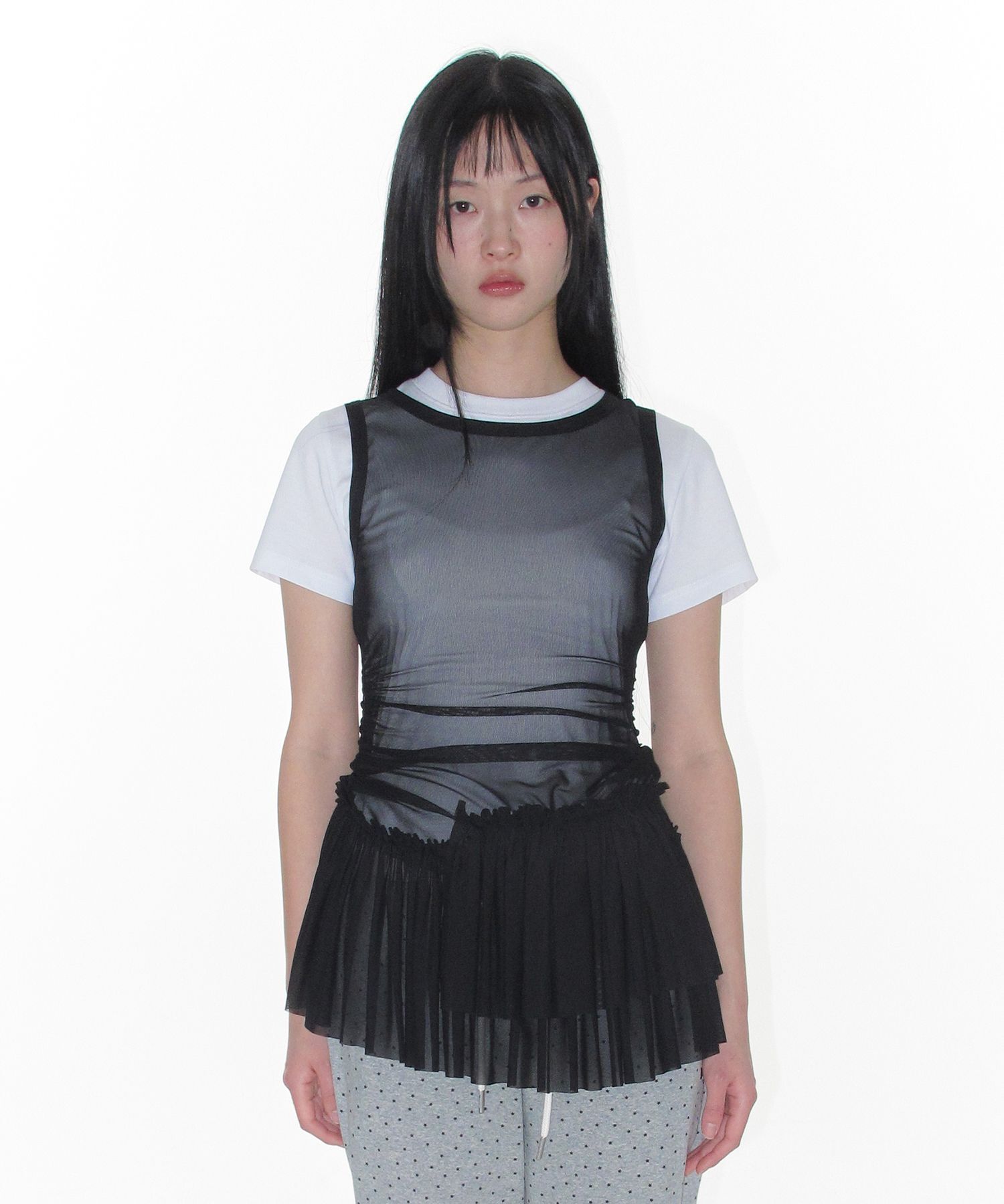 AMES-WORLDWIDE 網紗抽皺迷你洋裝 AM2GSFPA94ABK