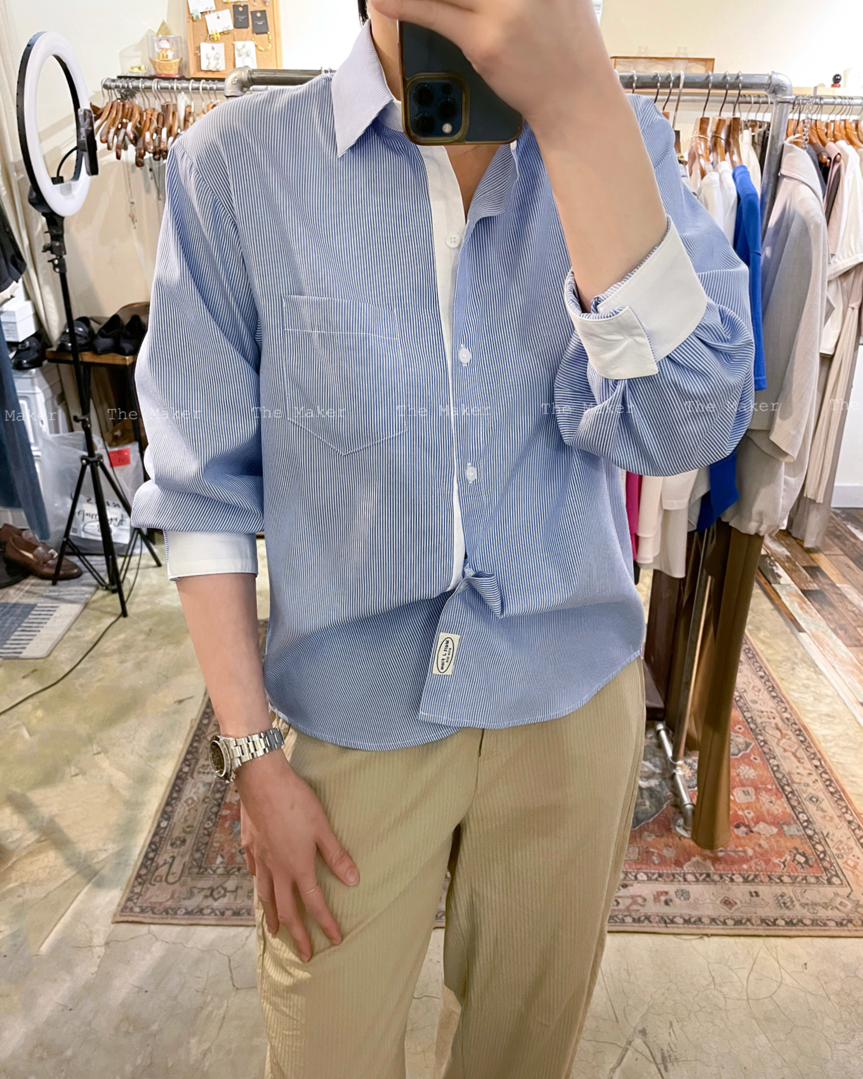 🩵 男友風拼邊間條恤衫 🩵