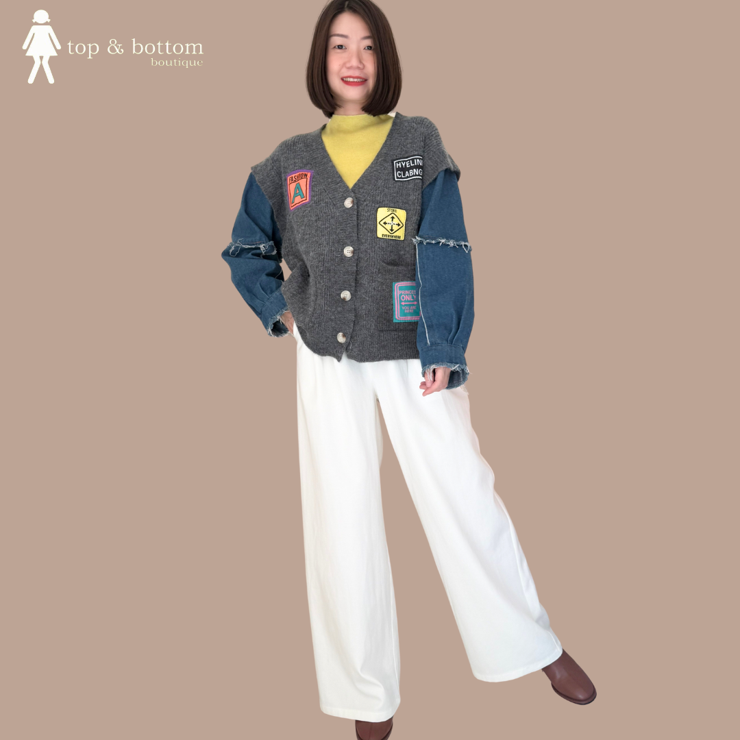 DENIM SLEEVE BUTTON KNIT CARDIGAN