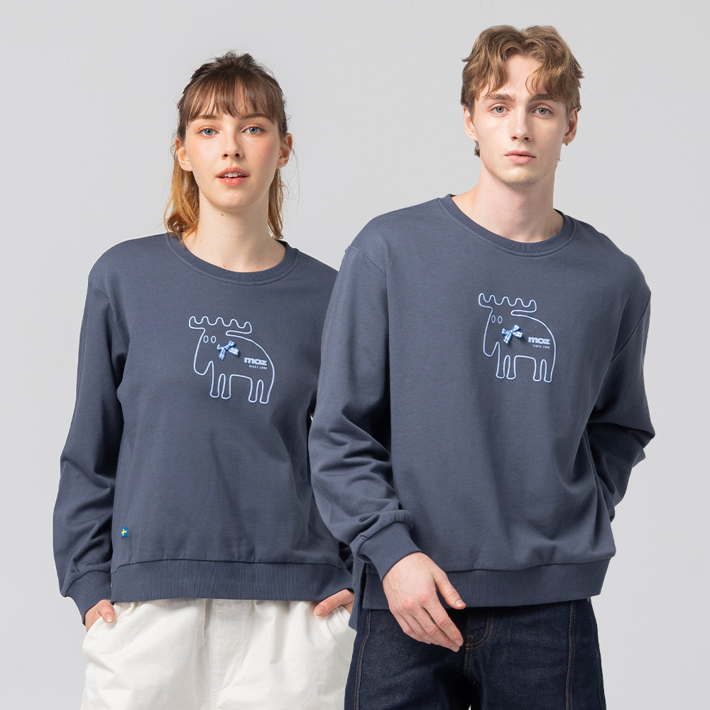 立體發泡 領結駝鹿 100%純棉 大學T-霧灰藍(亞洲版) 開衩