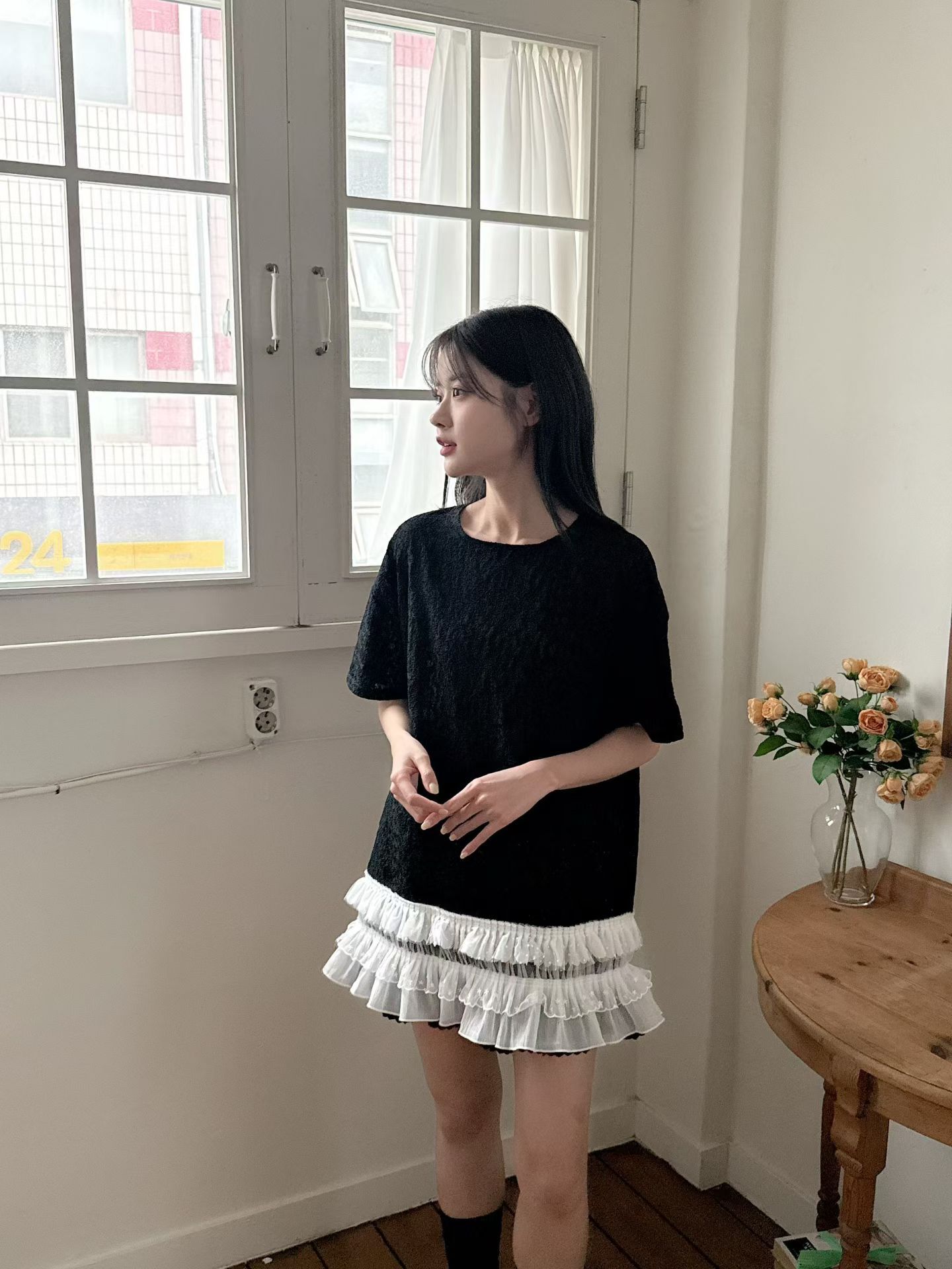 【現貨】NEHA正韓 ♥ 細緻蕾絲拼接雪紡洋裝(兩色)
