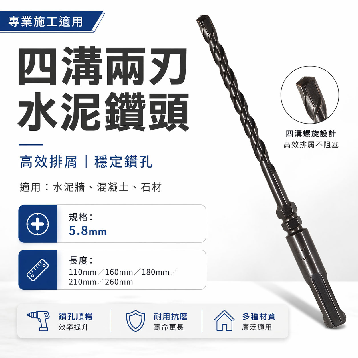 30支｜規格5.8mm 長160mm 四溝兩刃水泥鑽頭｜鑽兼鎖用鑽頭 免出力電鑽用 四溝2刃水泥鑽尾｜台灣製