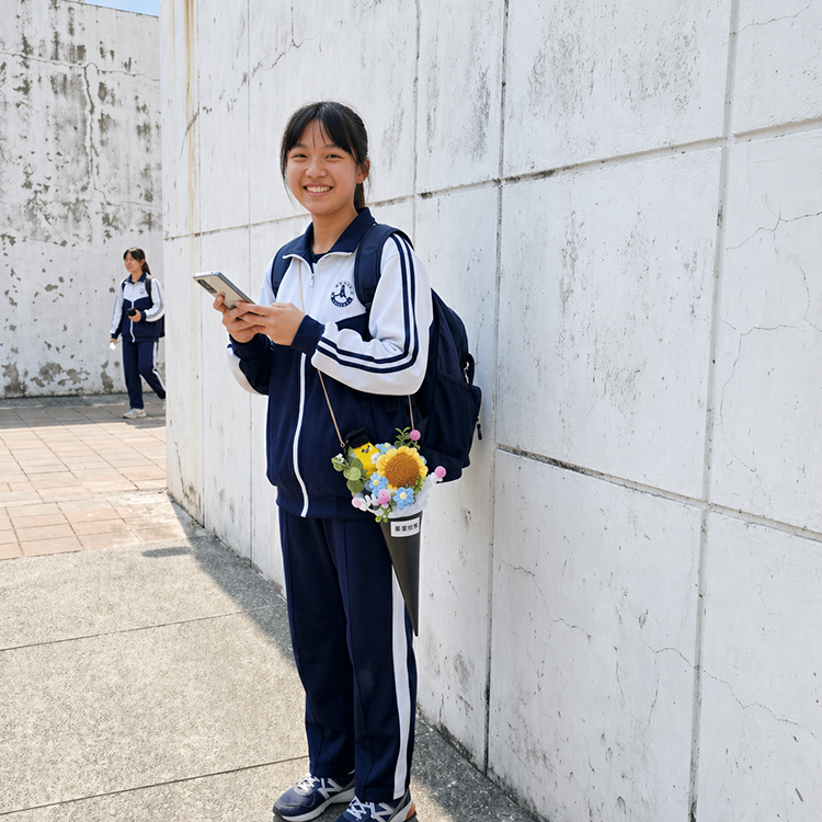 女學生背著編織甜筒畢業花束,可背式花束