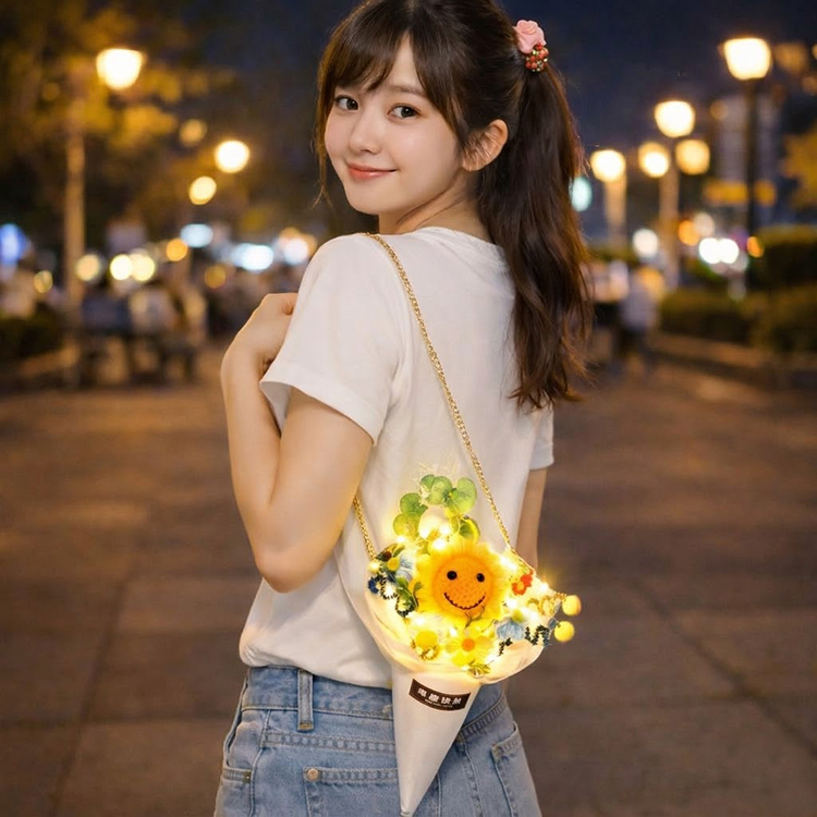 女孩在晚上背著燈光編織甜筒畢業花束,可背式花束