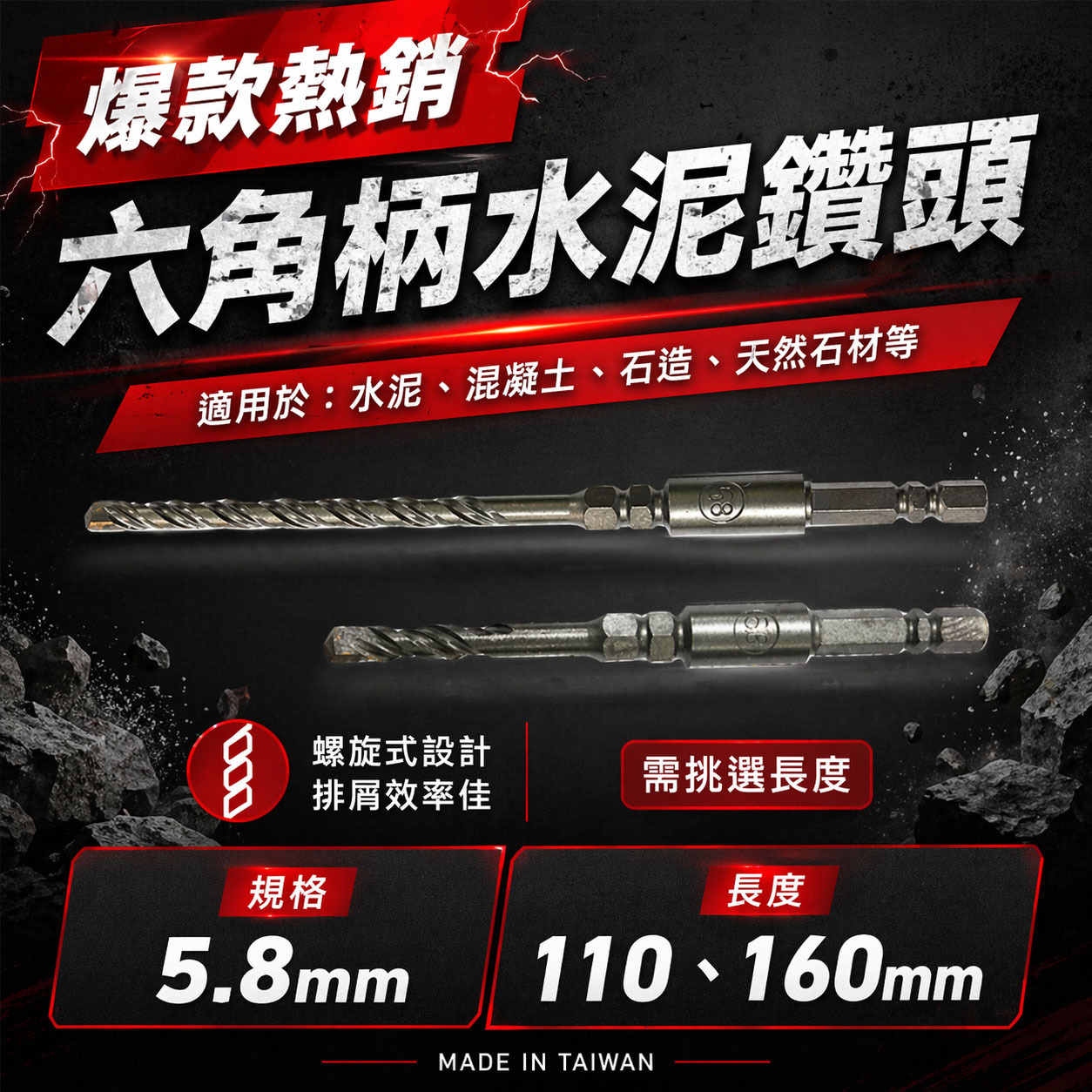 ETEAM 一等｜單買鑽頭｜5.8mm 長 110mm 160mm 六角柄水泥鑽｜水泥鑽頭鑽兼鎖組用 水泥鑽尾｜台灣製