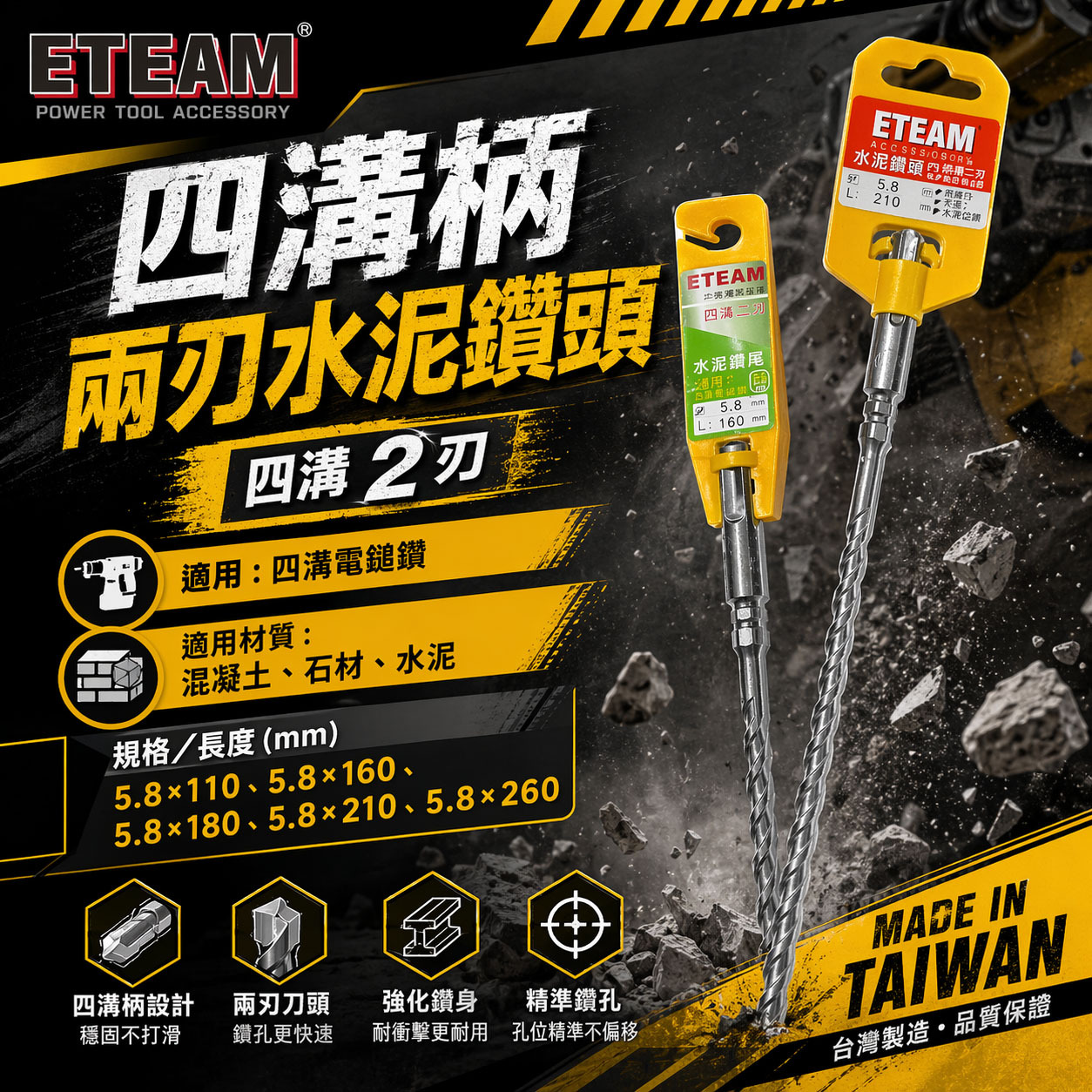 ETEAM 一等｜5.8mm 需選長度 四溝兩刃水泥鑽頭｜鑽兼鎖用 四溝2刃水泥鑽尾 免出力電鑽用｜台灣製
