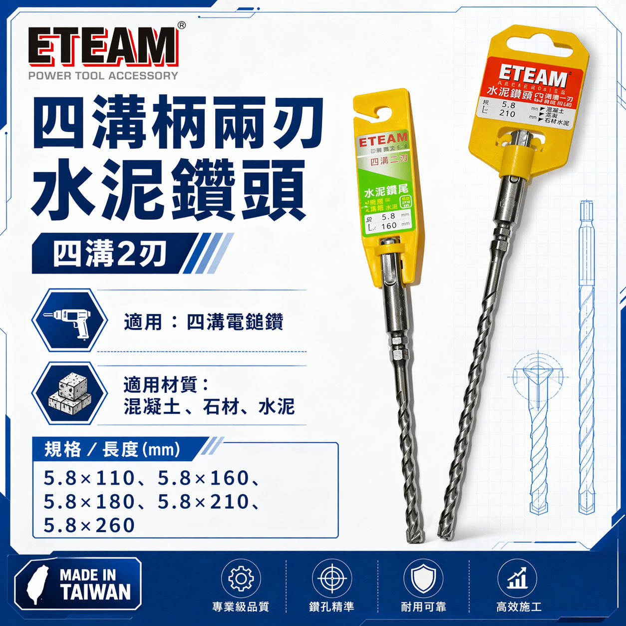 ETEAM 一等｜5.8mm 需選長度 四溝兩刃水泥鑽頭｜鑽兼鎖用 四溝2刃水泥鑽尾 免出力電鑽用｜台灣製