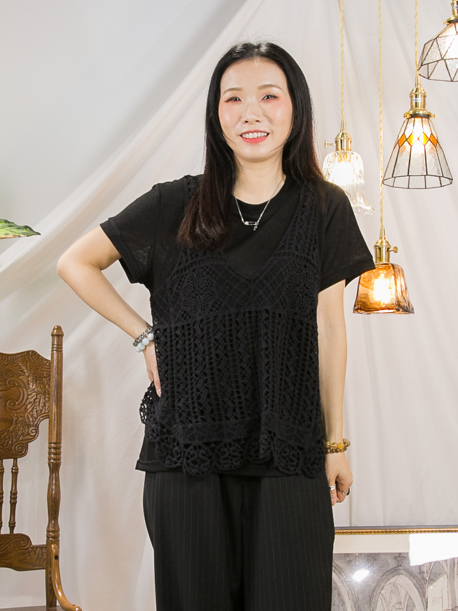竹節料TOP ＋ 通通棉LACE 吊帶背心 (SET)