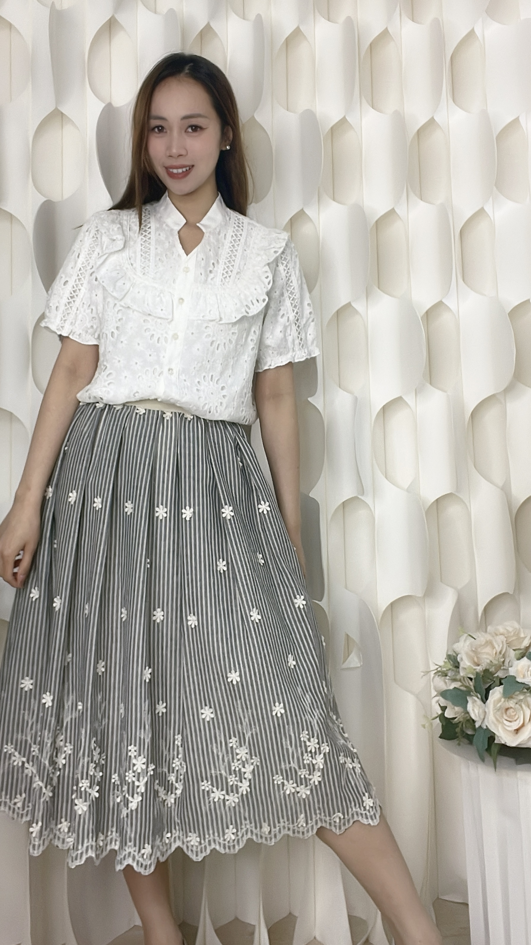 立體花棉麻波浪邊半截裙（腰28-36 臀42 長28吋）68913 #2304clo