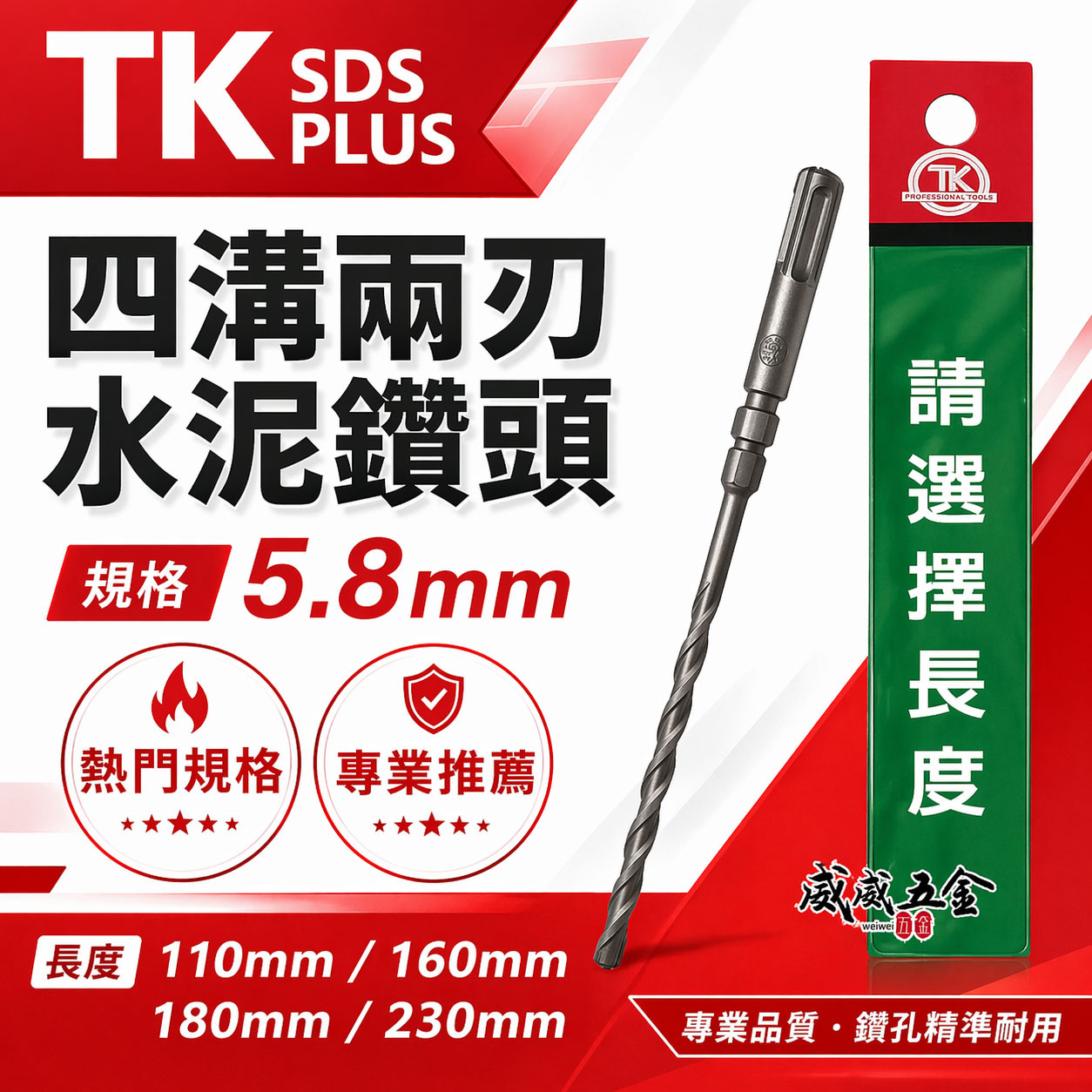 TK｜5.8mm 長110 160 180 230mm 四溝兩刃水泥鑽頭｜四溝柄鑽兼鎖用 四溝2刃水泥鑽尾 免出力電鑽用