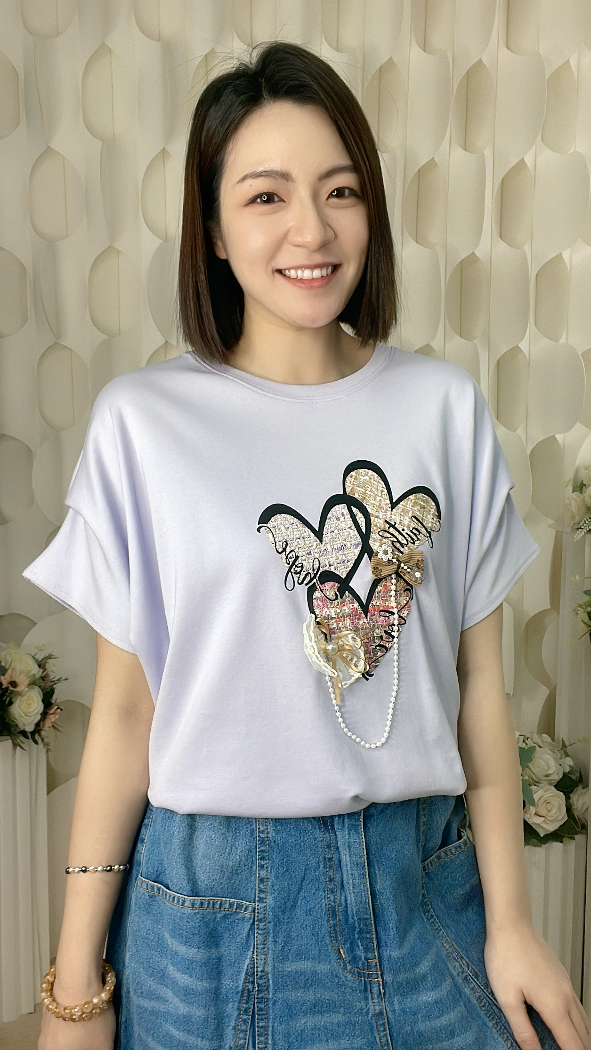 蝴蝶結心心拼珍珠棉質上衣（胸48-52 腰44-48 長24吋）37083 #2304clo