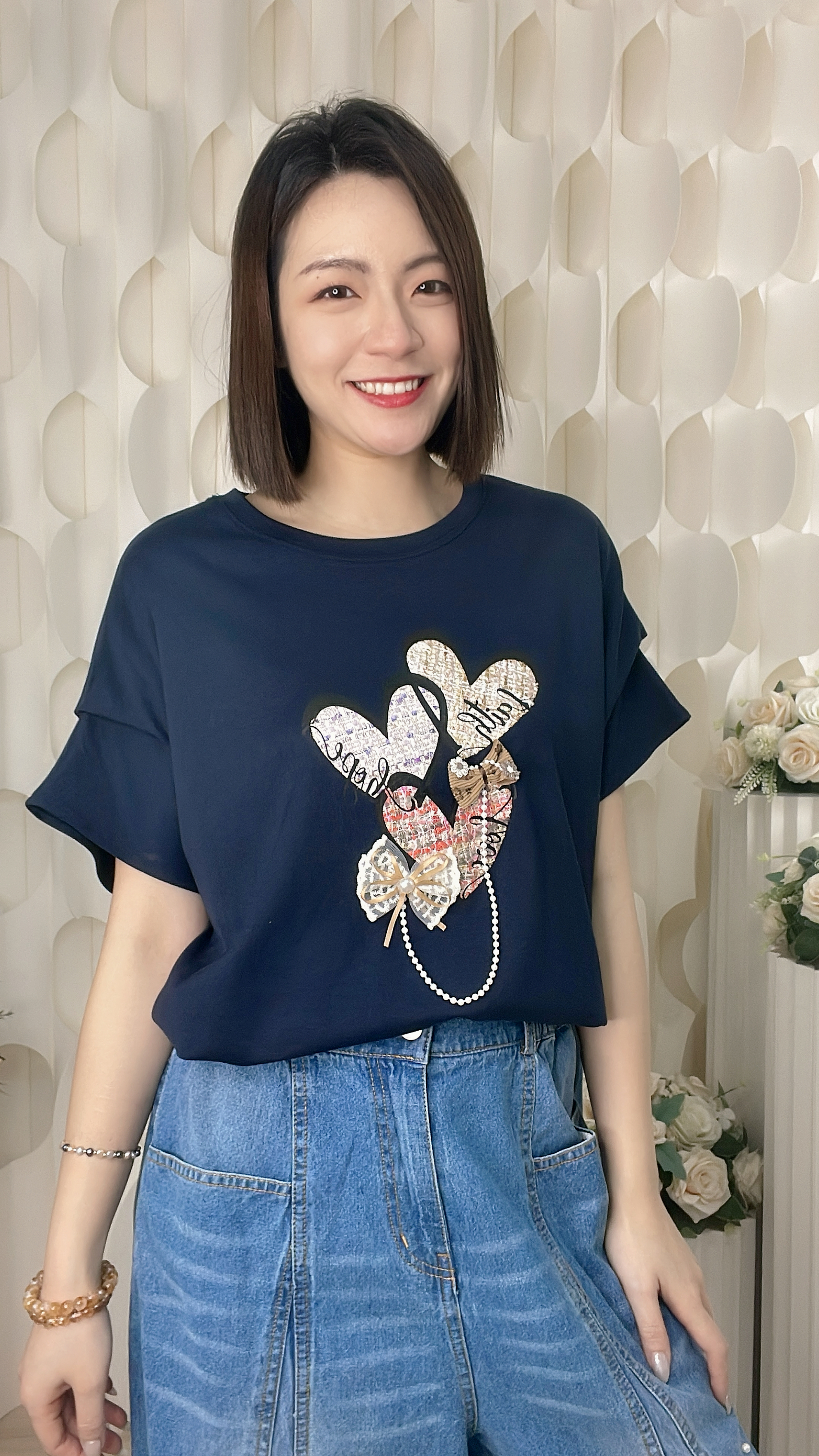 蝴蝶結心心拼珍珠棉質上衣（胸48-52 腰44-48 長24吋）37083 #2304clo